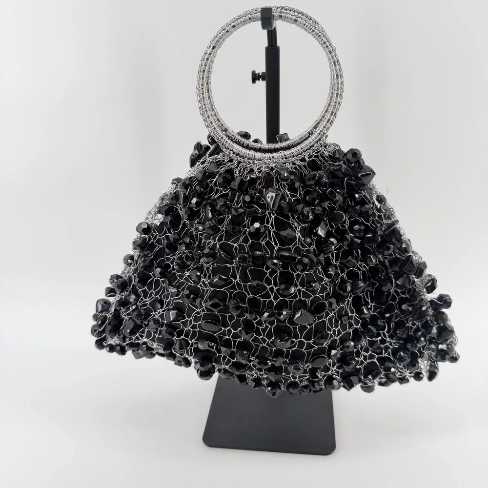 La Chica Chic Black Beaded Wire Evening‎ Bag Silver Ring Handle Made in Brazil